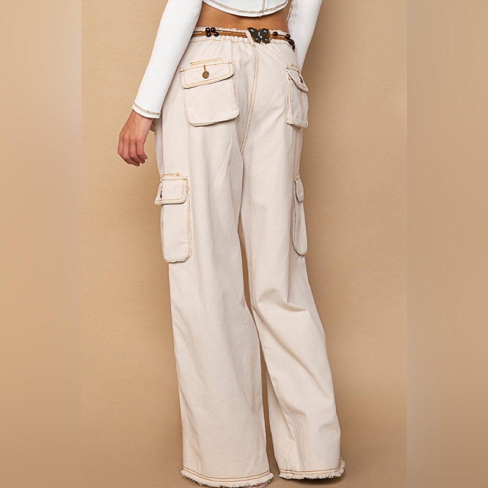 POL Slouchy Almond Cream Cargo Pocket Wide Leg Pants with Elastic Waist - Picture 2 of 6